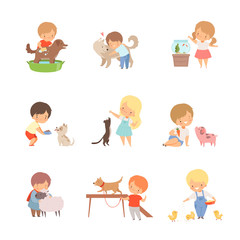 Sticker - Little Children Taking Care of Domestic Animals and Playing with Them Vector Set