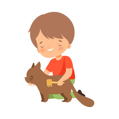 Sticker - Little Boy Brushing His Cat Vector Illustration