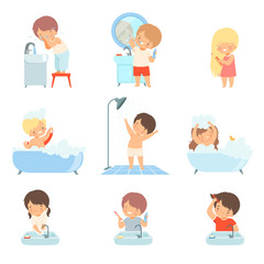 Poster - Children Taking Bath and Washing Themselves Vector Illustrations Set. Little Girl Brushing Her Hair and Boy Washing His Face