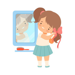 Sticker - Little Girl Standing in Front of the Mirror Braiding Her Hair Vector Illustration