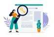 Cute search engine optimization concept. Girl do keywords research to improve website page rank. Flat Vector illustration good for banners, ads, landing pages or other web promotion issue.