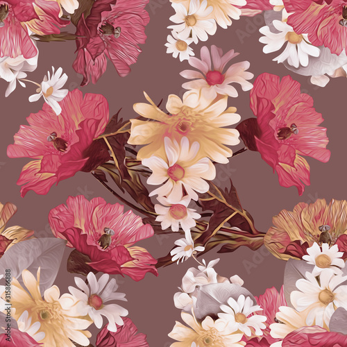 Poppies and chamomile seamless pattern.