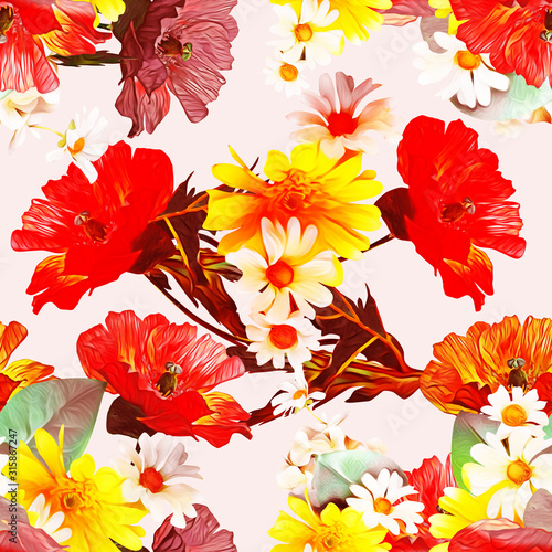 Poppies and chamomile seamless pattern.