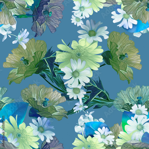 Poppies and chamomile seamless pattern.