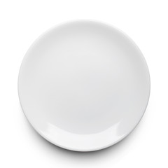 simple circular porcelain plate isolated on white and shadow with clipping path.