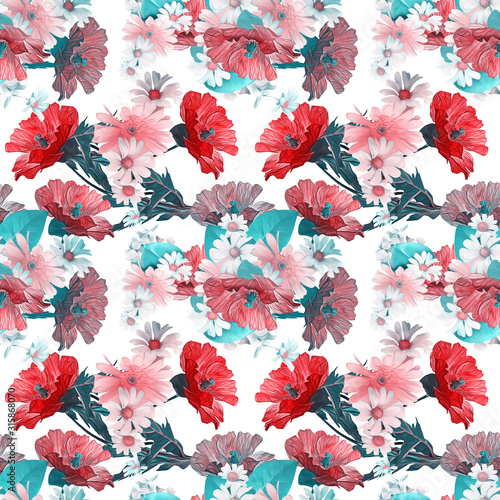 Poppies and chamomile seamless pattern.