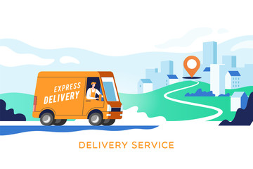 Express delivery truck with man is carrying parcels on points. Concept online map, tracking, service. Vector illustration.