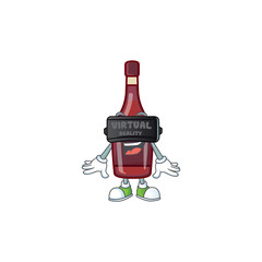 Poster - Trendy red bottle wine character wearing Virtual reality headset