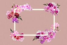 Real Rose,orchid Flower Frame With Square In Pink Vintage Tone With Copy Space For Valentine