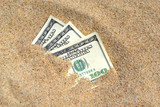 Fototapeta  - Money dolars half covered with sand lie on beach close-up