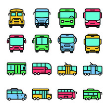 Set Of Bus Icon. Vector Illustration. Isolated On White Background. Public Transport Related Icons. Editable Stroke. Thin Vector Icon Set