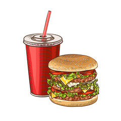 Wall Mural - Fast food COMBO sketch for fastfood restaurant or bistro. Vector cheeseburger burger or hotdog sandwich snack, french fries or pizza and coffee or soda drink, taco and black burger