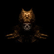 Scary metal skull in a decorative bronze crown with oriental ornaments. Concept art of a creepy gothic skull of a dead ancient king. Dark fantasy. Devil gold Mask. 3d illustration on black background.