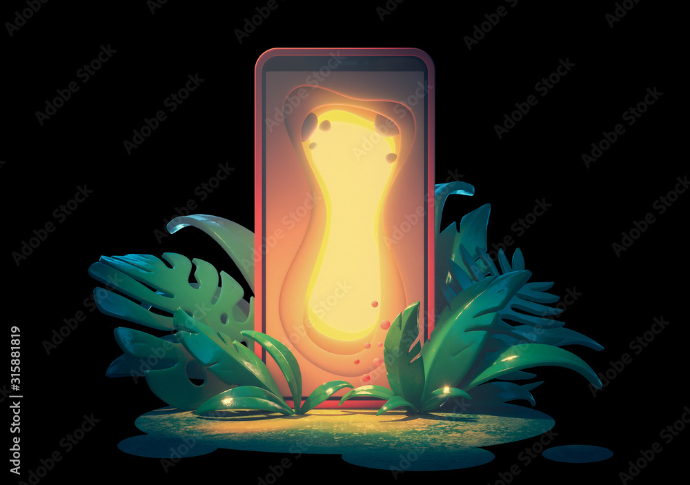 Magic gate with a glowing yellow light. Concept art smartphone with portal screen to another world. Sinuous forms. 3d illustration mobile phone in the bushes in the jungle isolated on black background - obrazy, fototapety, plakaty 