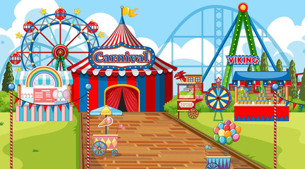 Canvas Print - Scene with ferris wheel and other rides in the carnival