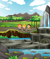 Poster - Scene with three kids at the waterfall