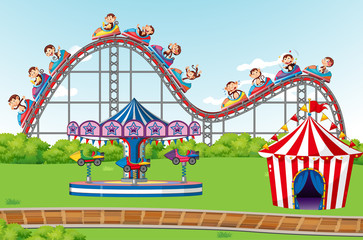 Sticker - Scene with happy monkeys riding roller coaster in the park