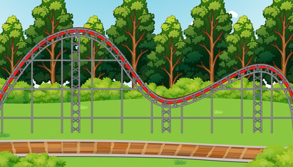 Canvas Print - Scene with empty roller coaster track in the park