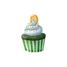 Happy Saint Patrick's Day Green Cupcake With Golden Coin Decoration Isolated On White Background. Watercolor Hand Drawn Illustration, Clipart For Greeting Cards, Invitations, Banners.