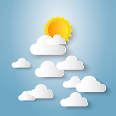 Wall Mural - blue sky with clouds and sun , paper art style , 3d illustration .