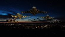 Ameircan Jet Fighters Flying Over City In Flypast Formation 3d Render