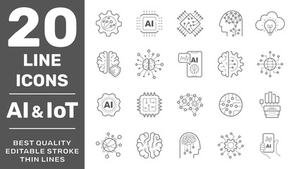 Vector machine learning thin outline icon set with AI, smart robotic and cloud computing network digital technology. Editable Stroke. EPS 10