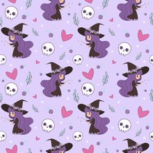 Cute Witch Making Magic And Skull Seamless Pattern