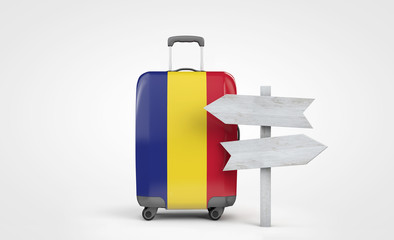 Romania flag travel suitcase with wooden guide signpost. 3D Render