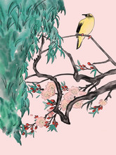 Hand-drawn Watercolor Drawing Of Yellow Bird On The Branch