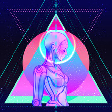 Portrait Of Robot Android Woman In Retro Futurism Style. Vector Illustration . Of A Cyborg In Glowing Neon Bright Colors. Futuristic Synth Wave Flyer Template. Cyber Technology.