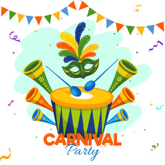 Canvas Print - Colorful Mask with Drum, Party Horn and Bunting Flag Decorated on White Background for Carnival Party.