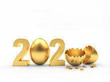 Golden 2020 And Easter Egg And Broken Empty Egg Shell Isolated On A White Background. 3D Illustration	