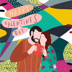 Poster - Faceless Lover Couple Holding A Heart on Colorful Abstract Pattern Background for Happy Valentine's Day.