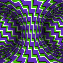 Wall Mural - moving zigzag patterned torus of purple green stripes. vector hypnotic optical illusion illustration