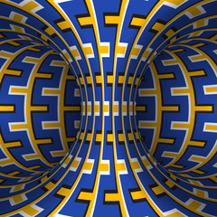 Canvas Print - Moving patterned torus of blue yellow decorative stripes. Vector hypnotic optical illusion illustration.