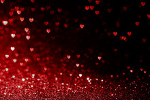 Valentines Day Background With Red Hearts Glitter Bokeh On Black, Card For Valentine's Day, Christmas And Wedding Celebration, Love Bokeh Shiny Confetti Textured Template