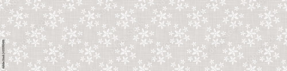 Gray french linen texture border background printed with white daisy flourish. Natural ecru summer country style seamless ribbon edge pattern. Ornamental woven floral medallion. Chic wedding trim - obrazy, fototapety, plakaty 