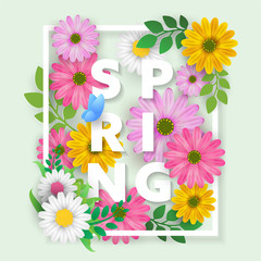 Wall Mural - Spring letter with beautiful flowers and leaves. Spring lettering with white frame. Floral banner or poster design EPS10 vector illustration.