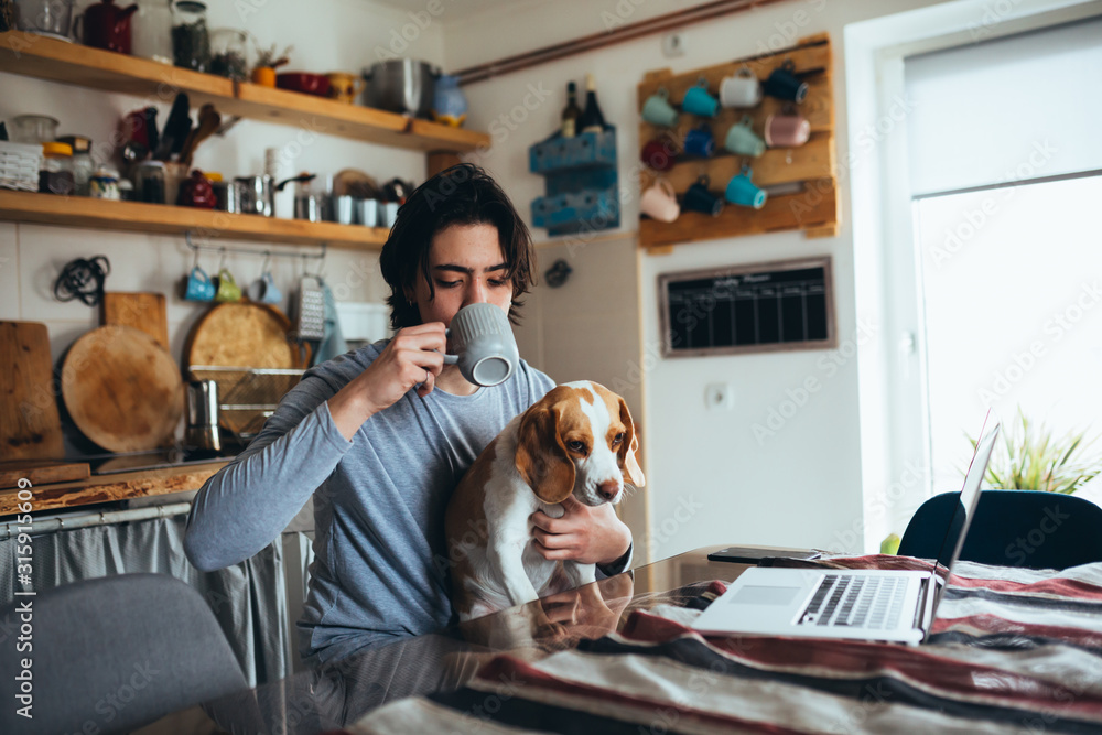 young man with his dog in kitchen at home, morning scene, - obrazy, fototapety, plakaty 