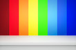 © Lemonsoup14 - Empty top table on abstract rainbow gradient multi colors background with colorful concept. Display of room shelves for showing. Realistic 3D render.