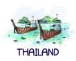 Poster card composition of Thailand themed hand drawn sketch style landscape with boats isolated on white background. Vector illustration.