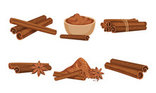 Cinnamon Sticks And Powdered Condiment Poured In Ceramic Bowl Vector Set
