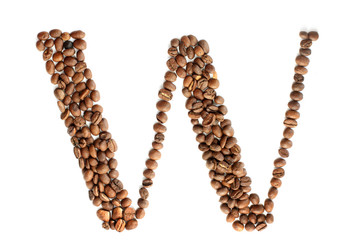 Coffee beans. Letter W made from coffee beans on a white background. Brown