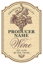 Vector Wine Label With Hand-drawn Bunch Of Grapes And Calligraphic Inscription In Figured Frame On The Abstract Handwritten Background In Retro Style
