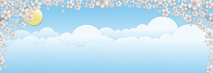 Wall Mural - Paper art cherry blossom bordes on blue sky with clouds in blue pastel. Vector illustration skyline for banner for spring or summer background