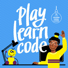 A Square Image Of A Black Girl Who Studies Robotics. A Vector Image For A Flyer Or A Poster For The Children Coding School. Blue And Yellow Colors. Play, Learn, Code Lettering