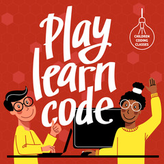 A square image of a boy and a girl who study coding. A vector image for a flyer or a poster for the children coding school. Red and white colors. Play, learn, code lettering