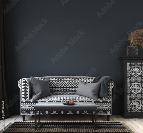 Fotomural Dark home interior, ethnic style living room, wall mock up background, 3d render