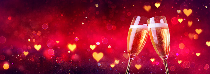 Wall Mural - valentines celebration - toast with champagne with defocused lights in red shiny background