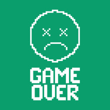 Game Over On Screen. The Round Face Of A Deceased Character. Flat Vector Illustration.